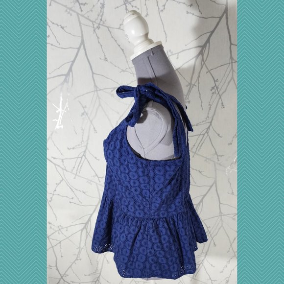 Sofia Jeans Blue Crochet Eyelet Tie Strap Peplum Tank - Picture 3 of 5